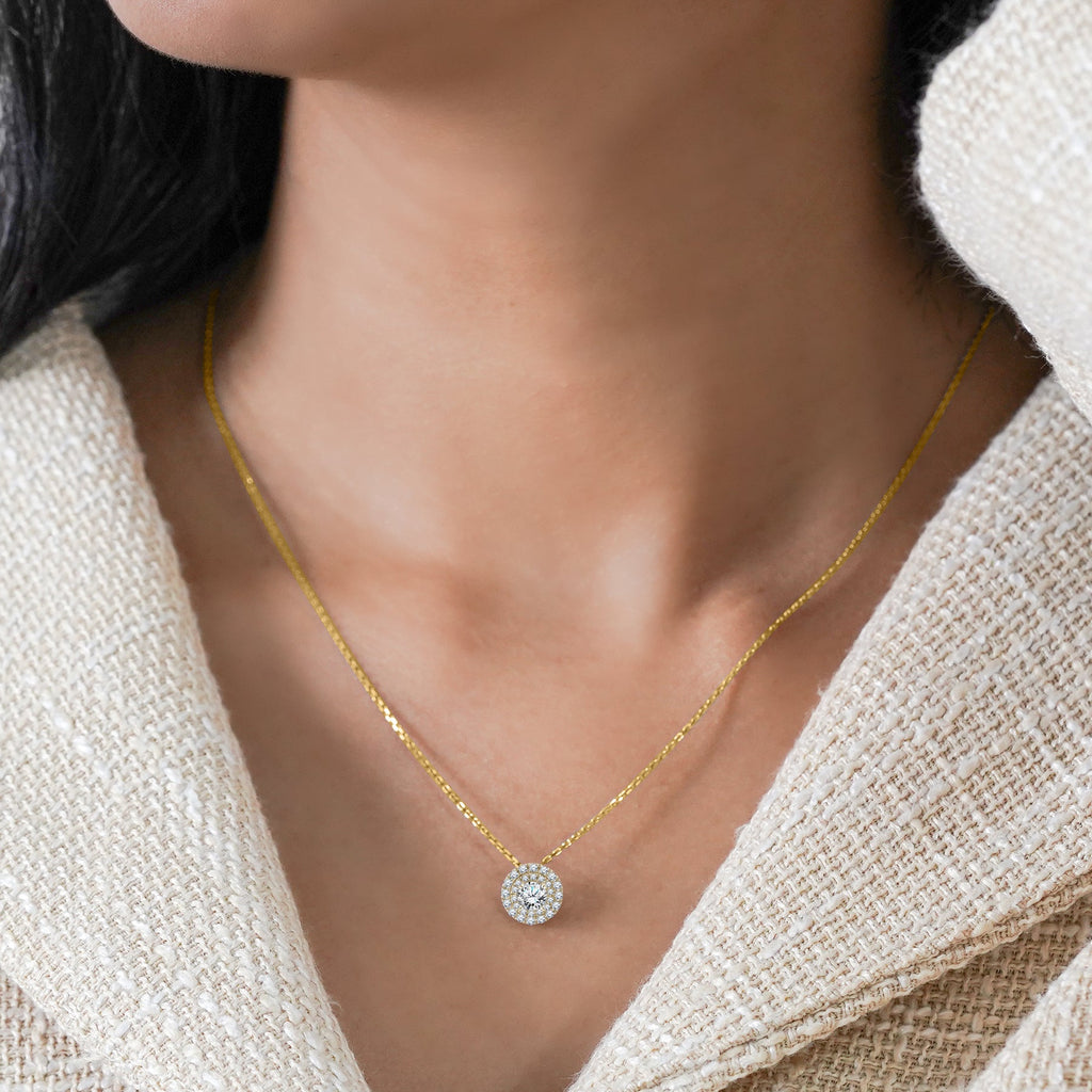 Certified 1 Carat Round Cut Lab Grown Diamond Double Halo Pendant Necklace