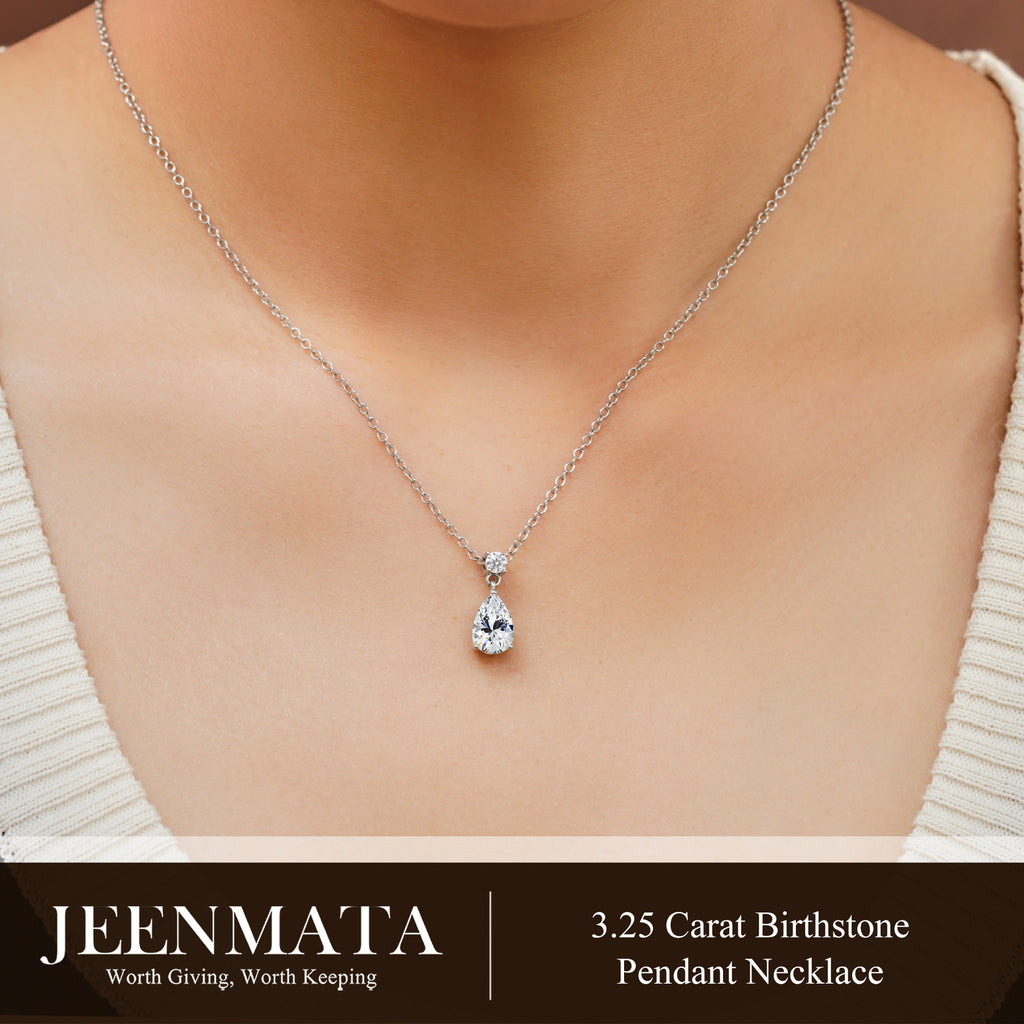 JeenMata 3.25 Carat Cubic Zirconia April Birthstone - Round and Pear Cut Dangle Pendant Necklace in 18k White Gold Plated for Women