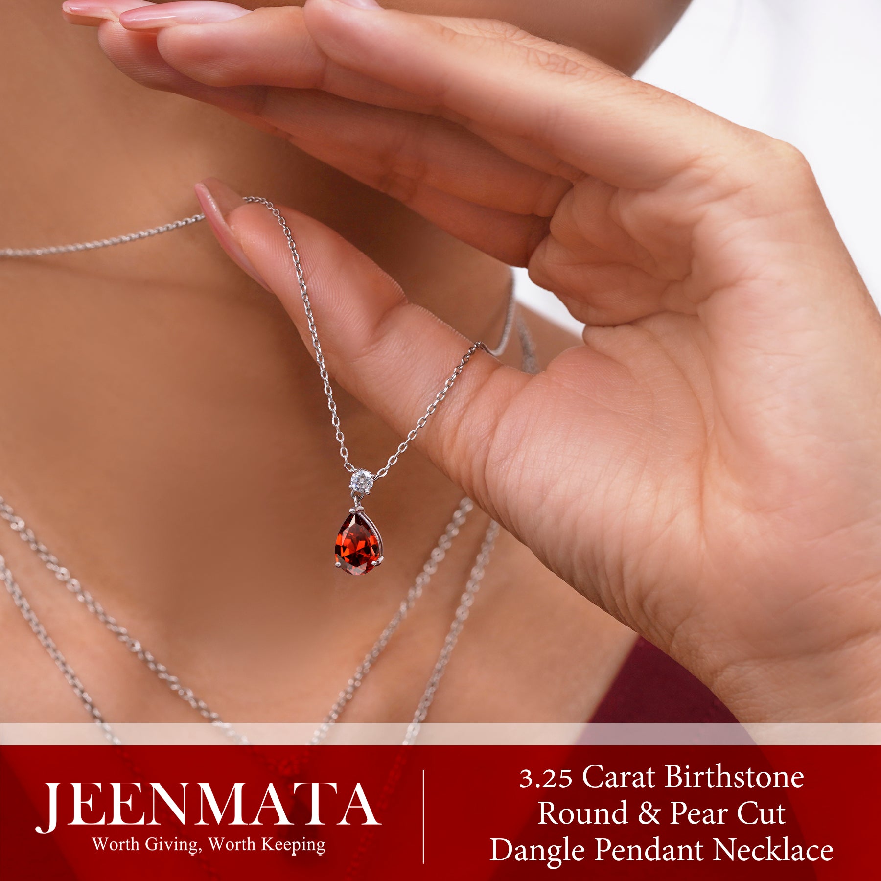 JeenMata 3.25 Carat Garnet January Birthstone - Round and Pear Cut Dangle Pendant Necklace in 18k White Gold Plated for Women
