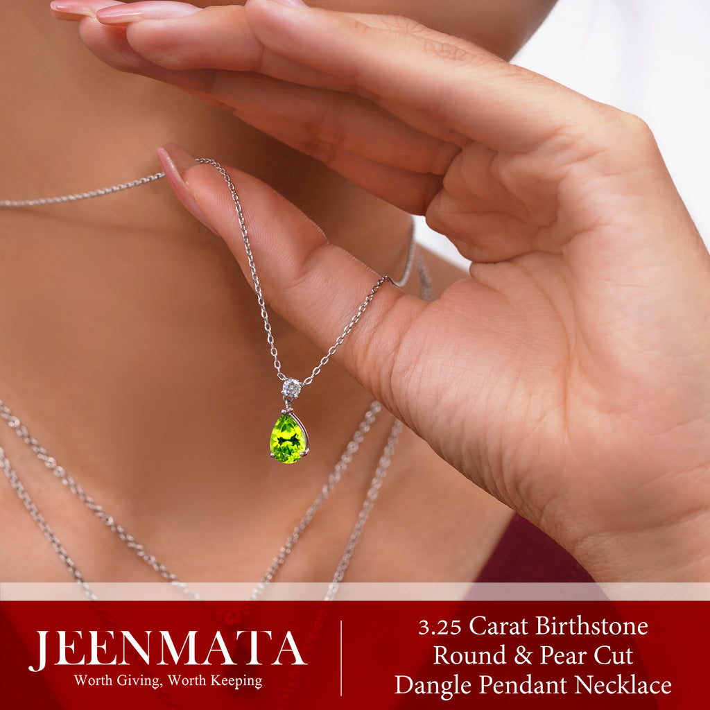 JeenMata 3.25 Carat Peridot August Birthstone - Round and Pear Cut Dangle Pendant Necklace in 18k White Gold Plated for Women