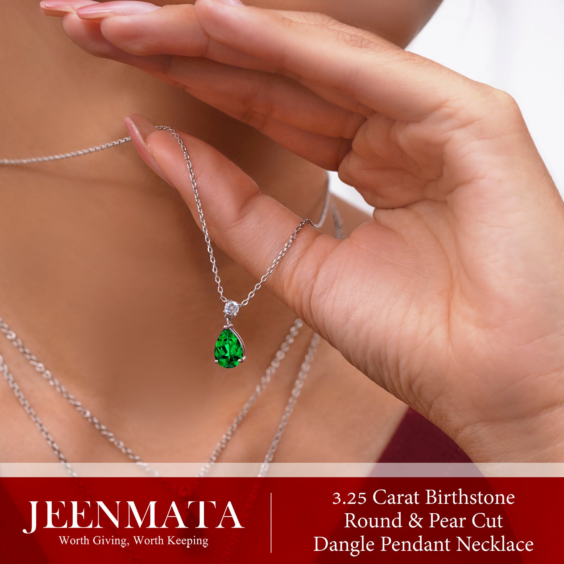 JeenMata 3.25 Carat Emerald May Birthstone - Round and Pear Cut Dangle Pendant Necklace in 18k White Gold Plated for Women