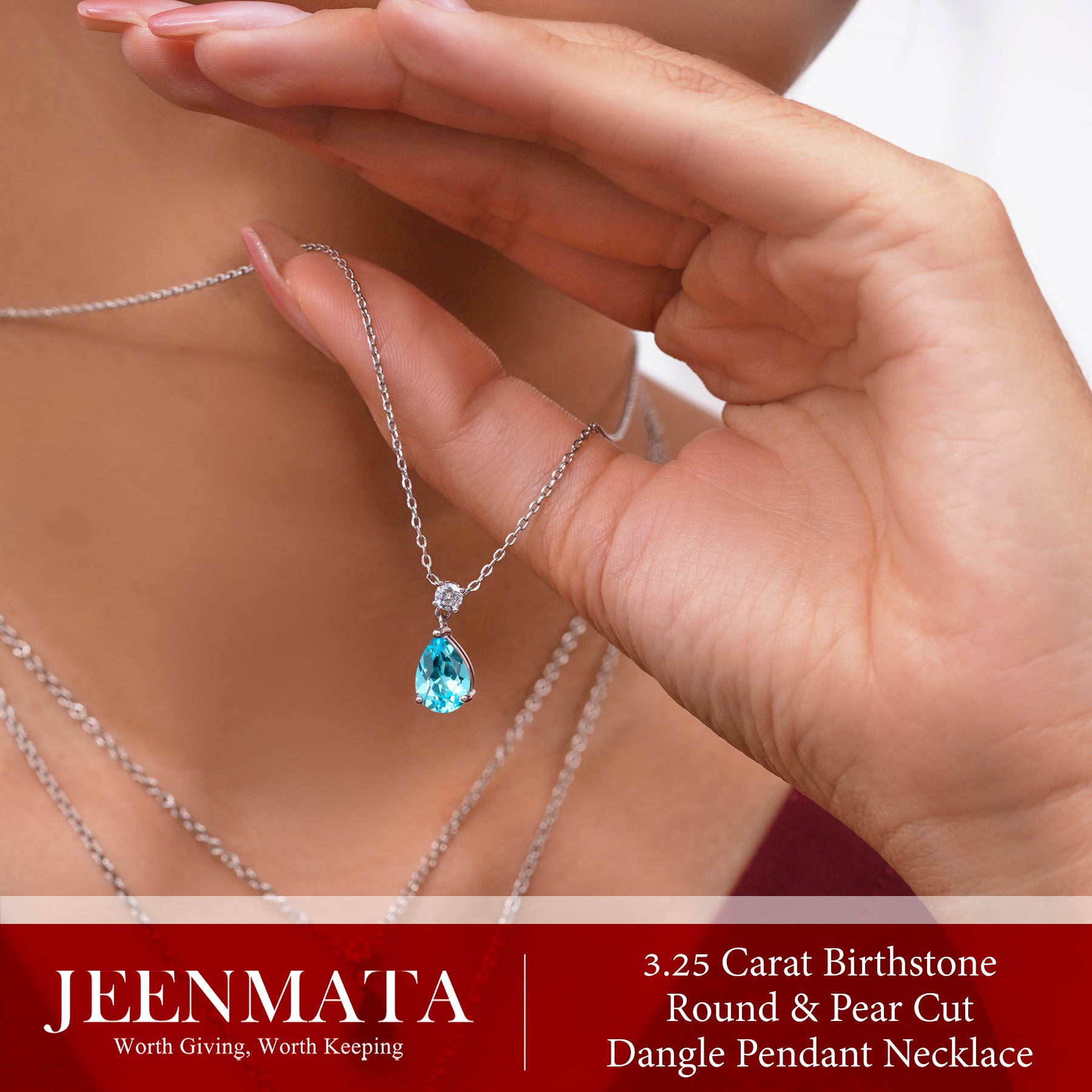 JeenMata 3.25 Carat Aquamarine March Birthstone - Round and Pear Cut Dangle Pendant Necklace in 18k White Gold Plated for Women