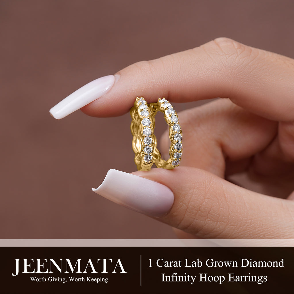 JeenMata Lab Grown Diamond 1.25 Carat Infinity-Inspired Hoop Earrings in 18K Yellow Gold Plating for Women