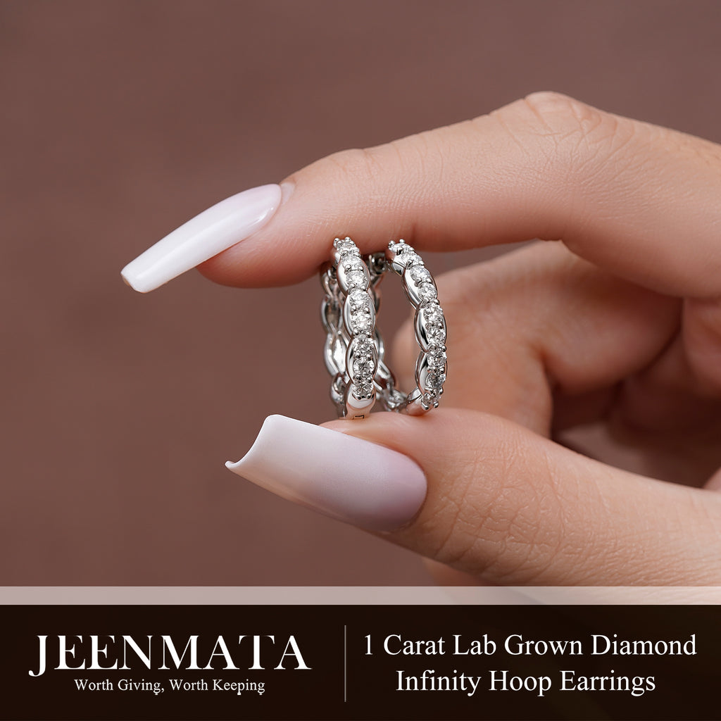 JeenMata Lab Grown Diamond 1.25 Carat Infinity-Inspired Hoop Earrings in 18K White Gold Plating for Women