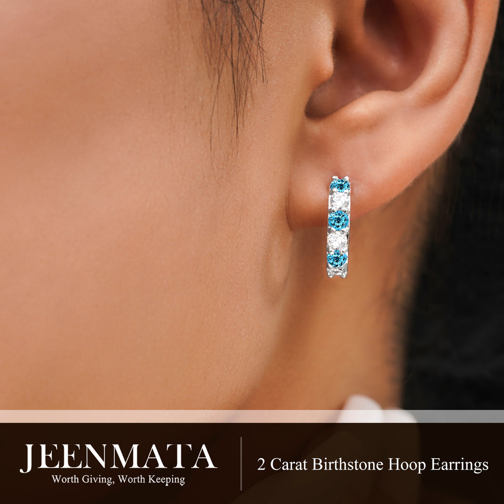 JeenMata 2 Carat December Birthstone - Blue Topaz & Cubic Zirconia Hoop Earrings - Multicolor Birthstone Earrings in 18K White Gold Plating for Women