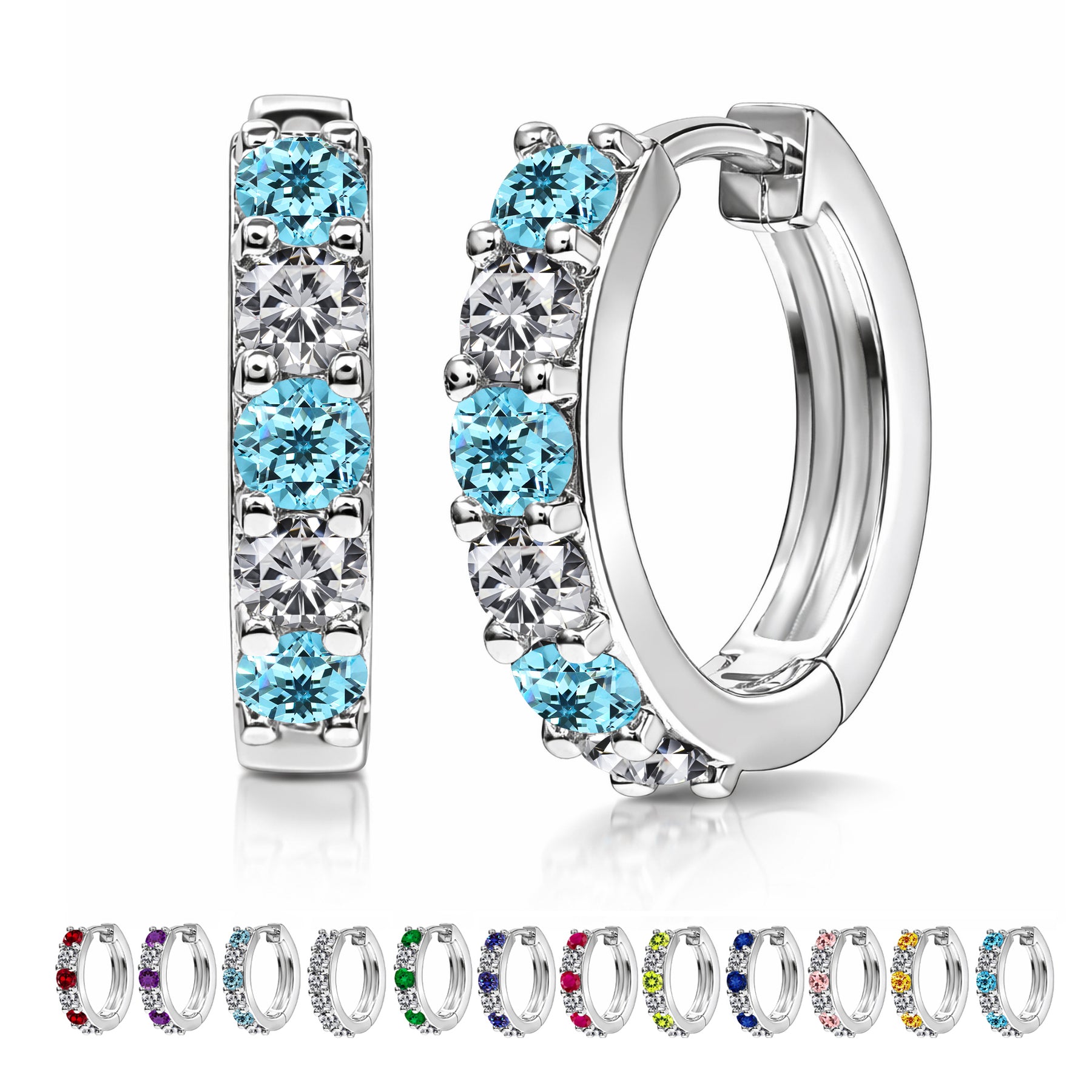 JeenMata 2 Carat March Birthstone - Aquamarine & Cubic Zirconia Hoop Earrings - Multicolor Birthstone Earrings in 18K White Gold Plating for Women