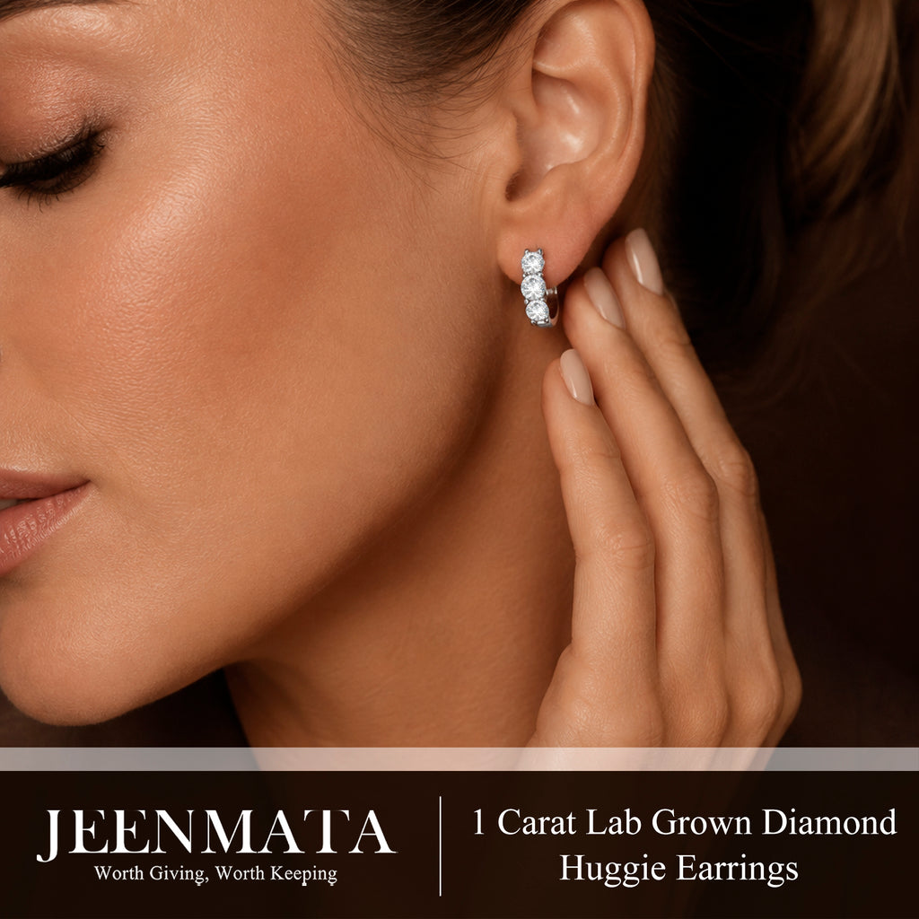 JeenMata 1 Carat Lab Grown Diamond Huggie Hoop Earring - Round Cut Three Stones Huggie Earrings in 18K White Gold Plating for Women, Gift for Her