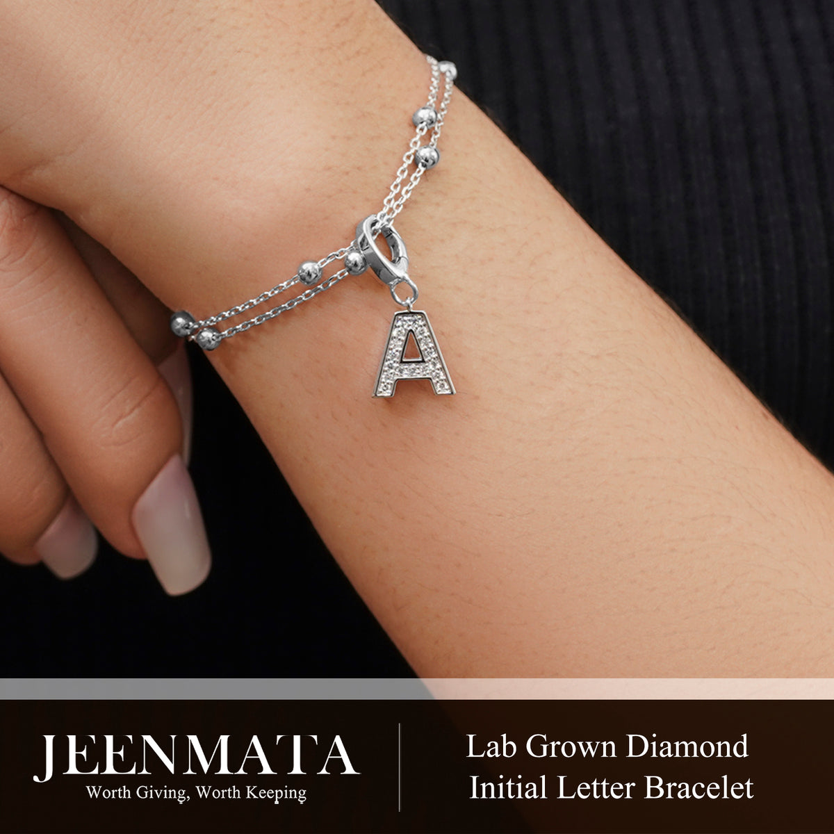 JeenMata Lab Grown Diamond Initial "A" Letter Bracelets - Double Layer Alphabet Jewelry Bracelet - 18K White Gold Plating for Women Jewelry