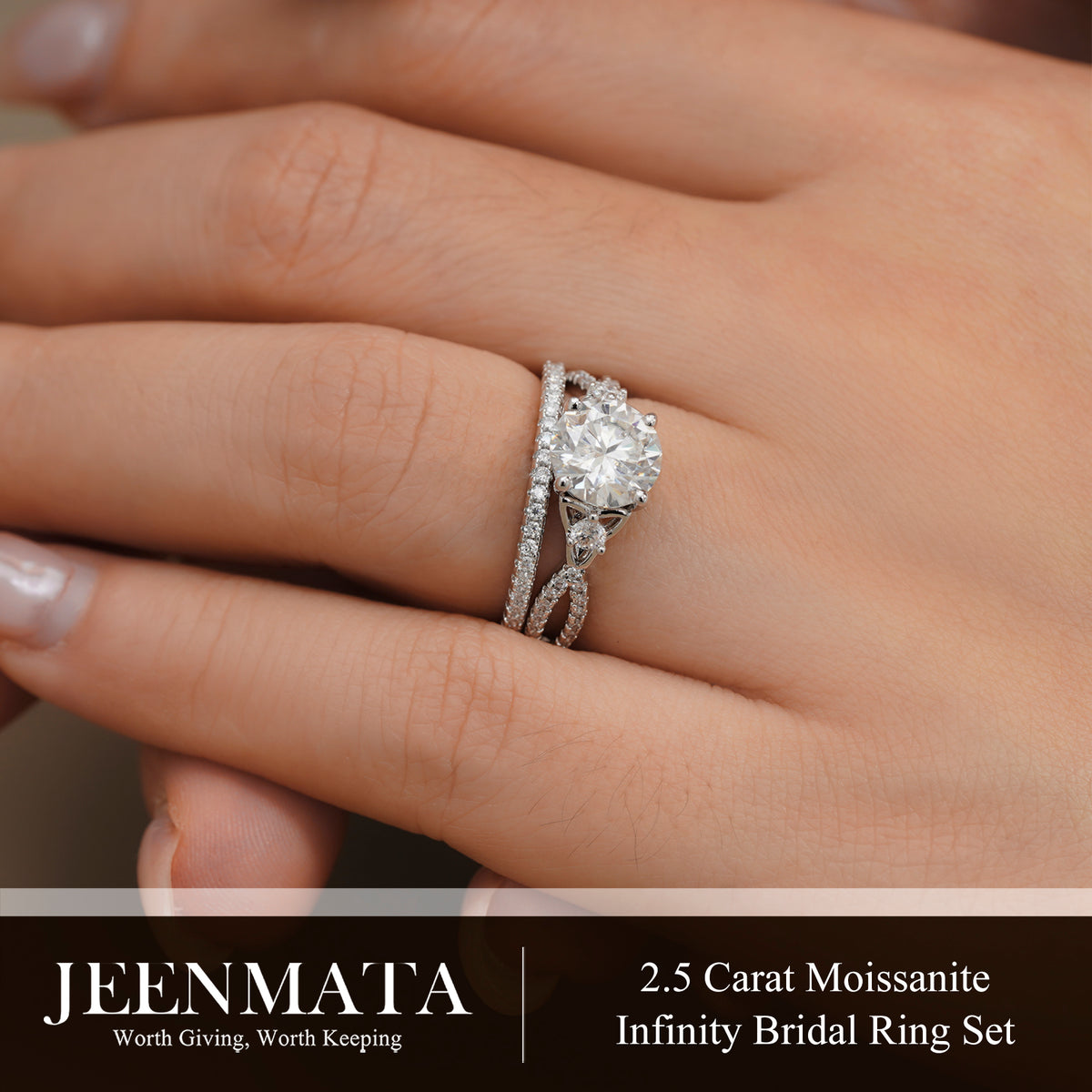 JeenMata 2.5 Carat Round Brilliant Cut Moissanite - Infinity Bridal Ring Set in 18K White Gold Plating for Women