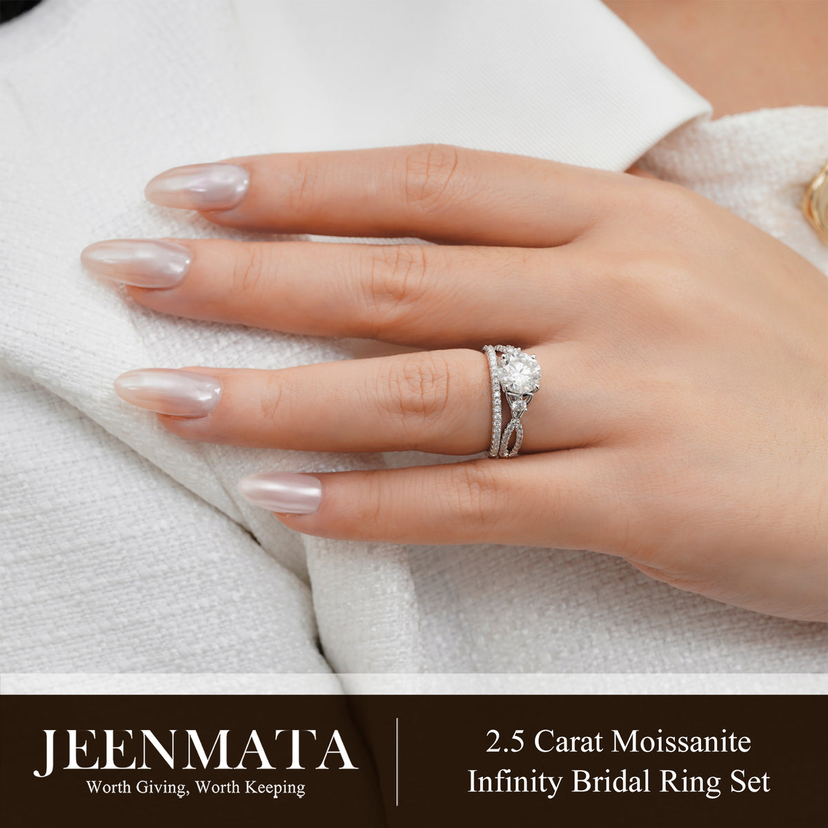 JeenMata 2.5 Carat Round Brilliant Cut Moissanite - Infinity Bridal Ring Set in 18K White Gold Plating for Women