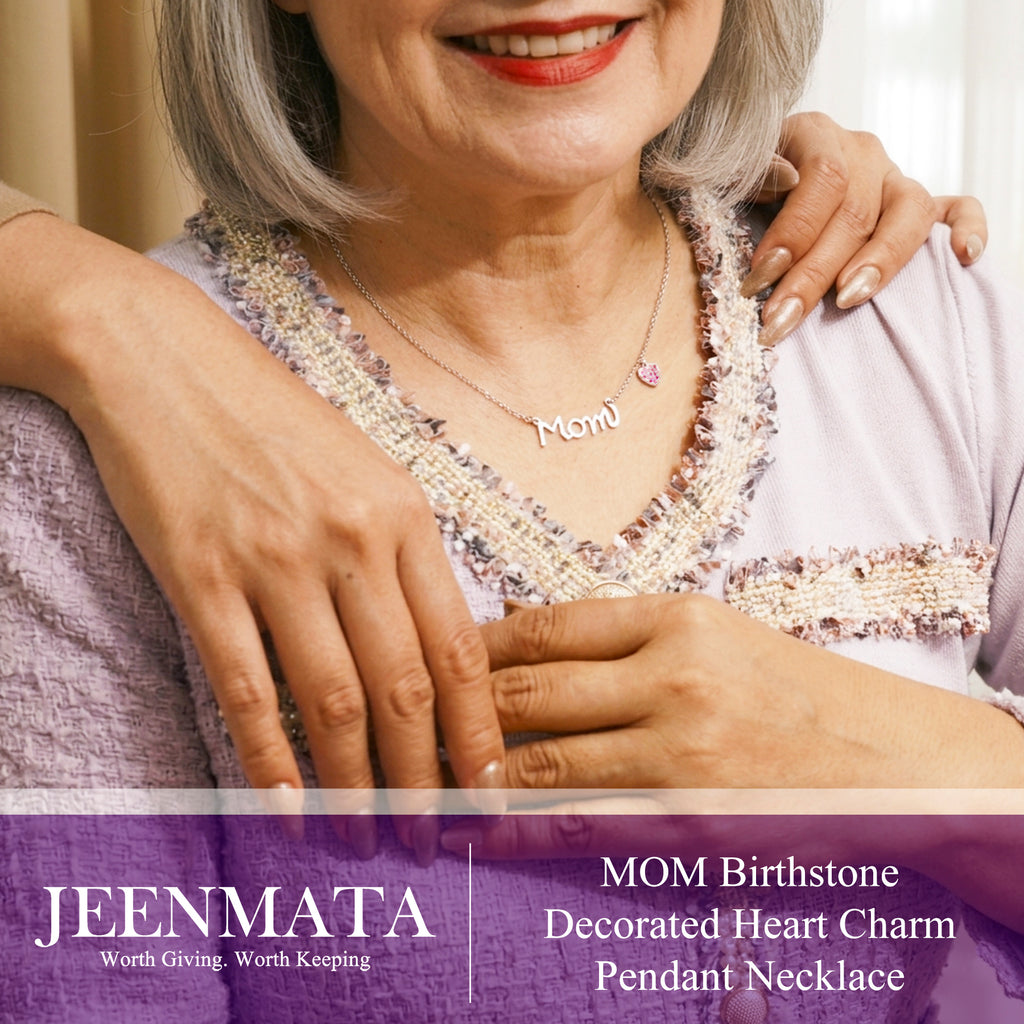 JeenMata Mom Pendant - Garnet January Birthstone Decorated Heart Charm Pendant Necklace in 18K White Gold Plating, Mother's Day, Gift for MOM