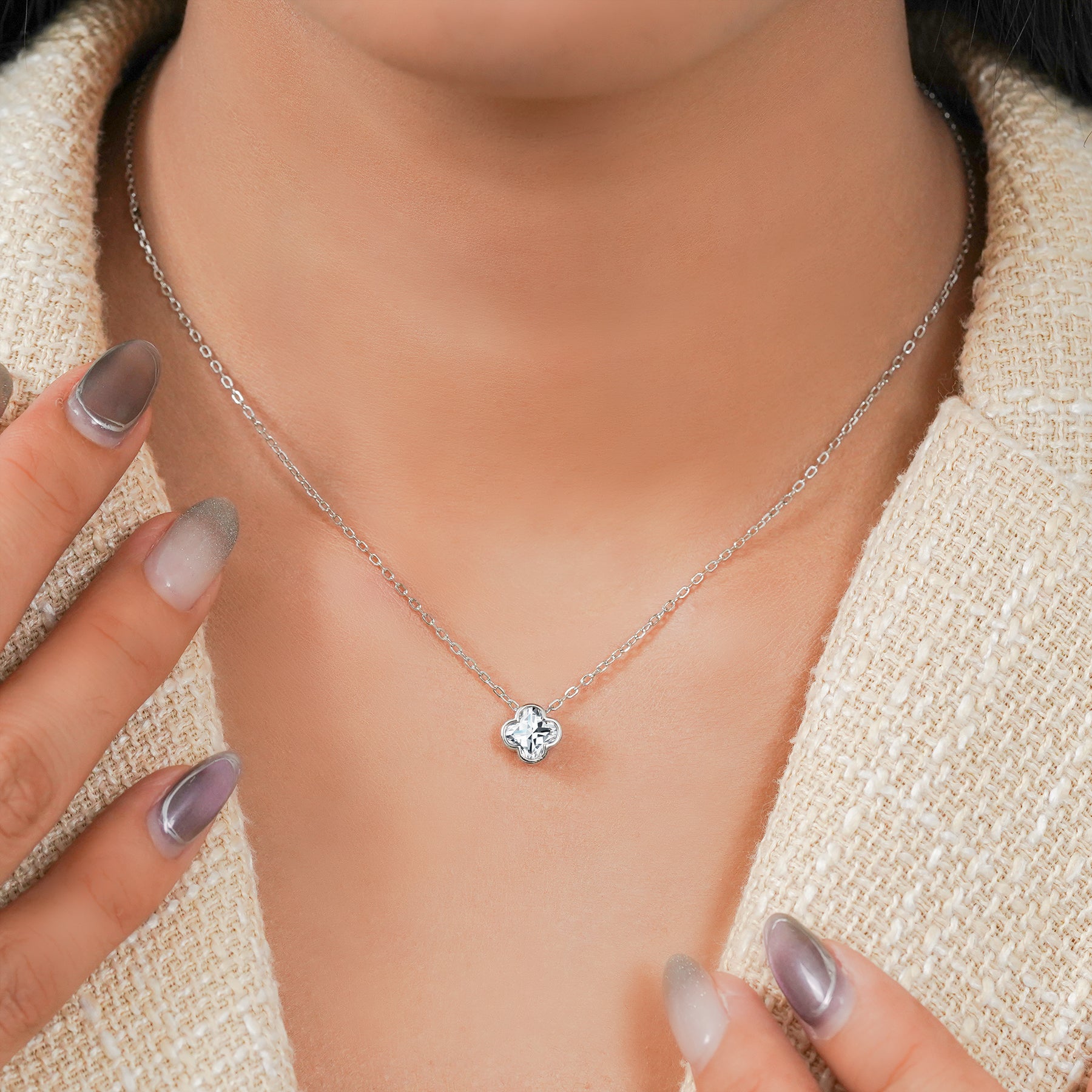 JeenMata 1 Carat Flower Cut Moissanite Pendant - Danity Clover Design Necklace in 18K White Gold Plated for Women