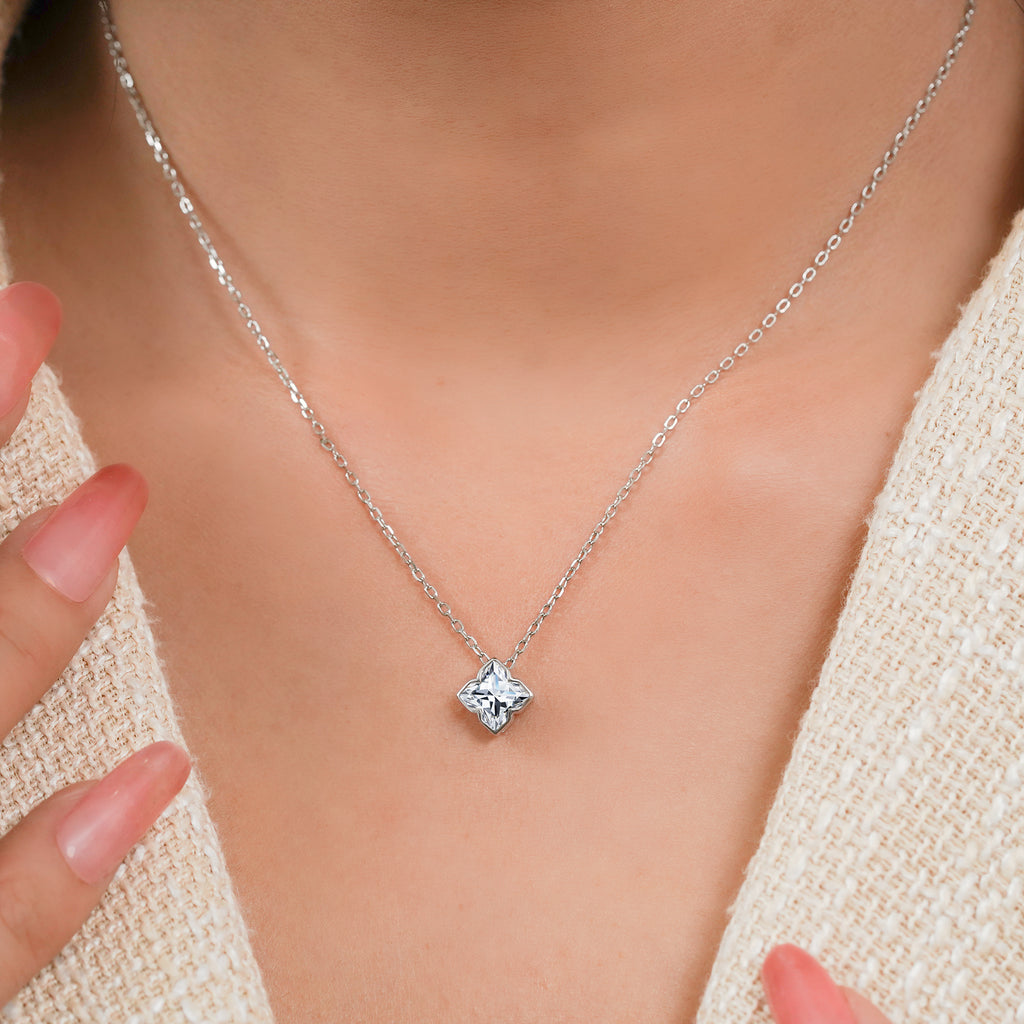 JeenMata 1 Carat Flower Cut Design Moissanite Pendant - 18K White Gold Plating Necklace for Women