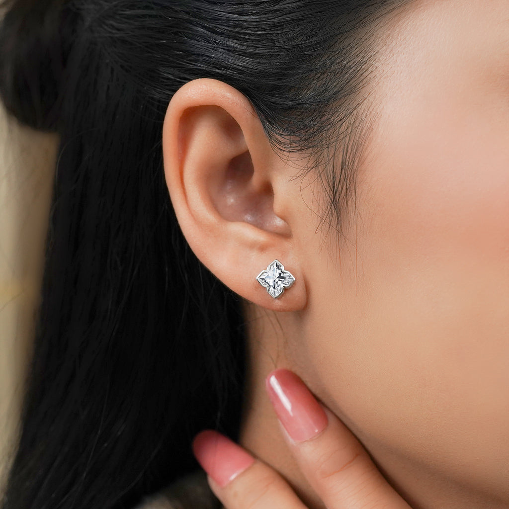 JeenMata 2 Carat Moissanite Flower Stud Earrings - 18K White Gold Plating for Women