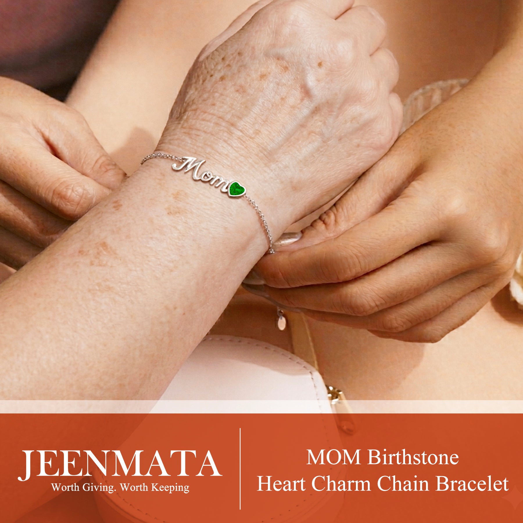 JeenMata MOM May Emerald Birthstone - Heart Charm Chain Bracelet in 18K White Gold Plating for Women, Mother’s Day Gift