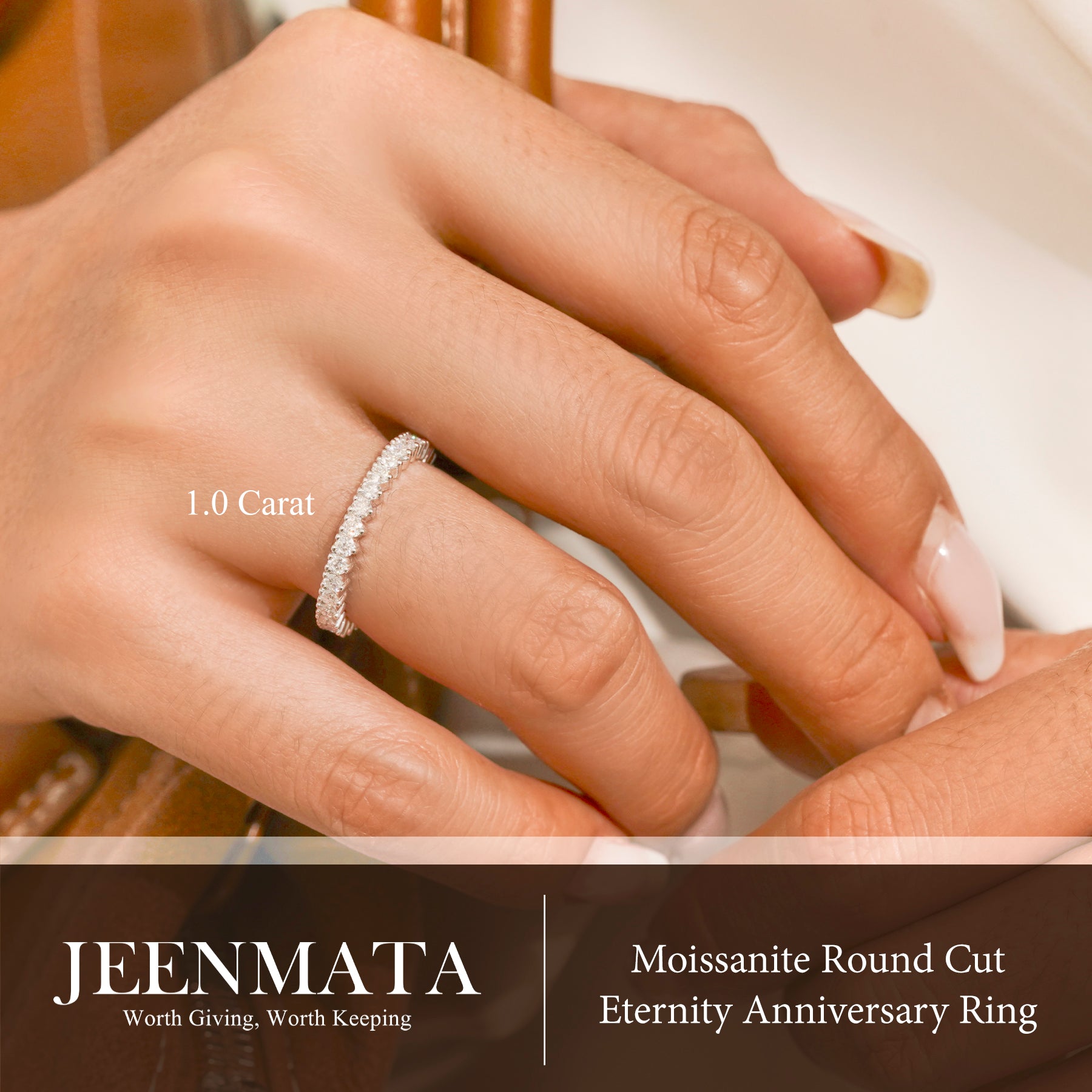 JeenMata 1 Carat Moissanite Round Cut Eternity Anniversary Ring - Classic Eternity Stackable Wedding Rings in 18K White Gold Plating for Women