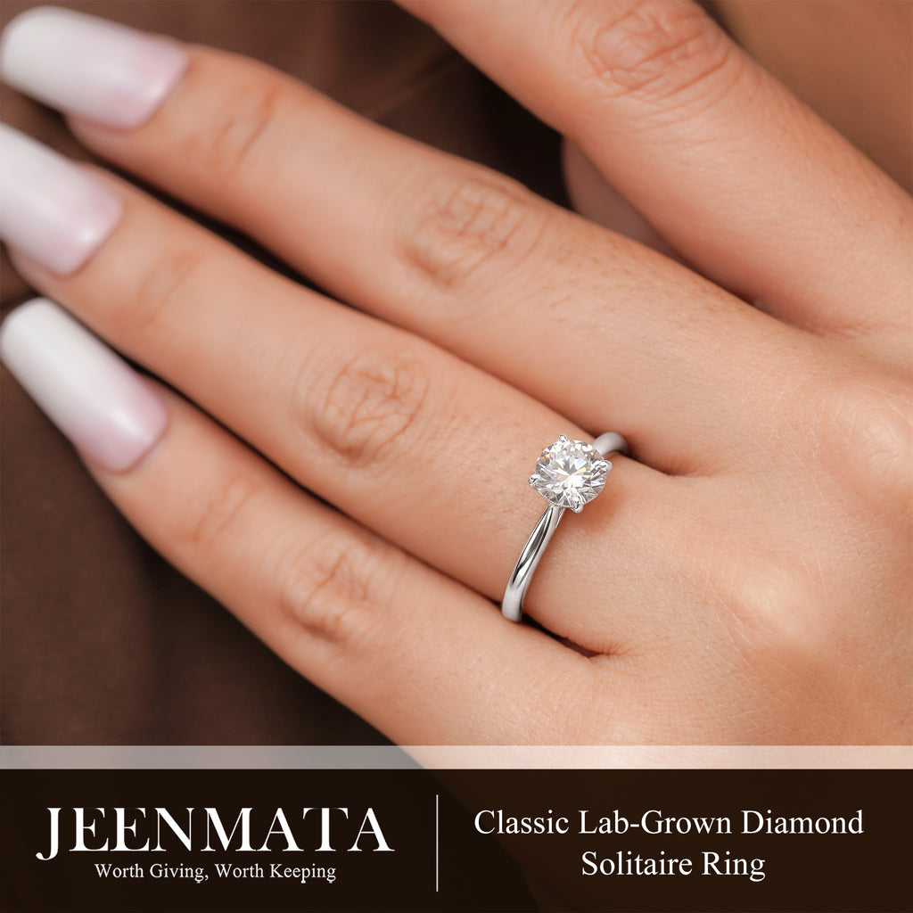 JeenMata Lab Grown Diamond 0.75 Carat Round Cut Solitaire Engagement Ring in 18K White Gold Plating for Women