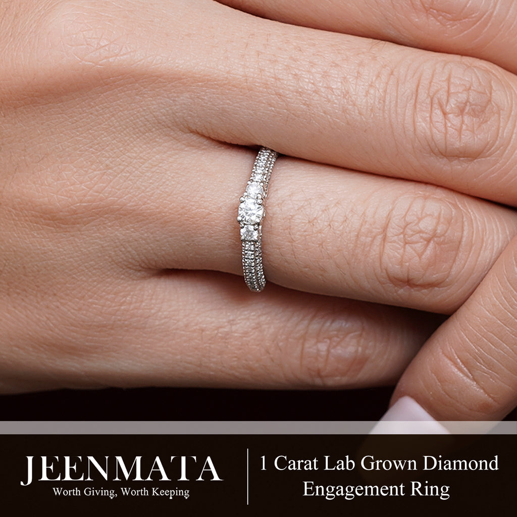 JeenMata 1 Carat Round Cut Lab Grown Diamond Classic Three Stones Engagement Ring - Vintage Style Micro Pave Wedding Ring in 18K White Gold Plating for Women