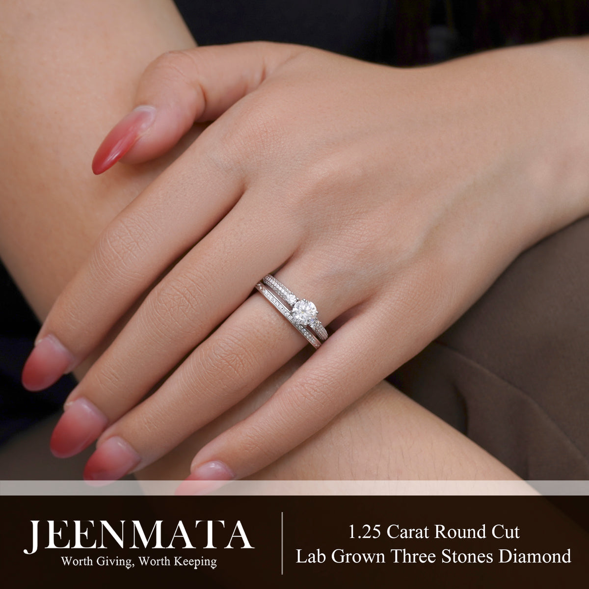 JeenMata 1.25 Carat Round Brilliant Cut Lab Grown Three Stones Diamond - Vintage Design Wedding Ring Set in 18K White Gold Plating for Women