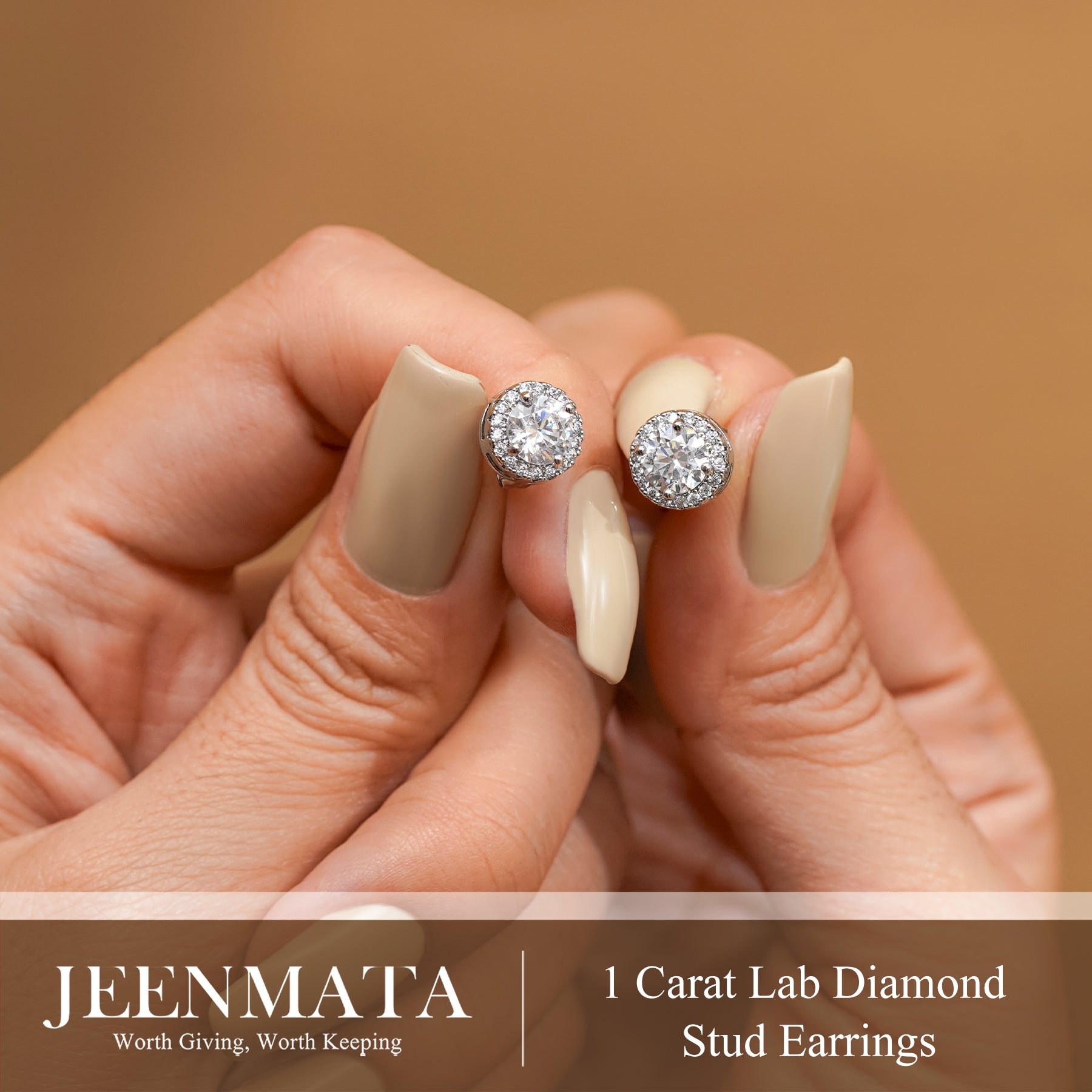JeenMata Lab Grown Diamond 1 Carat Round Brilliant Cut Halo Stud Earrings in 18K White Gold Plating for Women