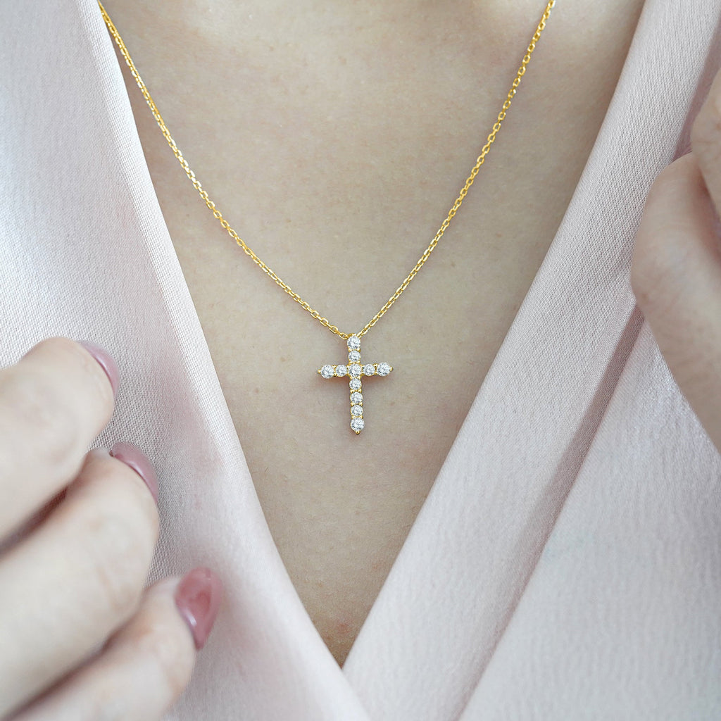 Certified Lab Grown Diamond Cross Pendant Necklace in 18K Rose Gold over Silver