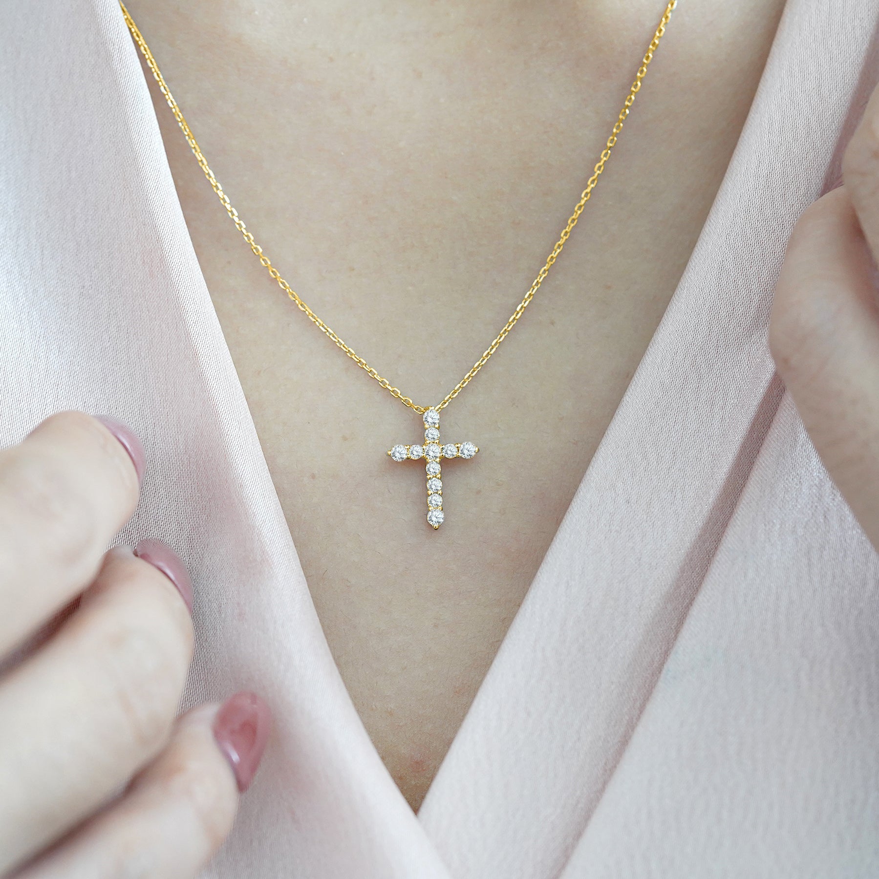 Certified Lab Grown Diamond Cross Pendant Necklace in 18K Rose Gold over Silver