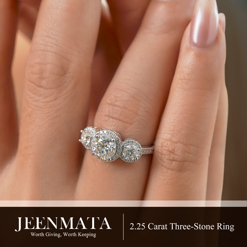 JeenMata 2.25 Carat Round Brilliant Cut Moissanite - Three Stone Engagement Rings in 18K White Gold Plating for Women