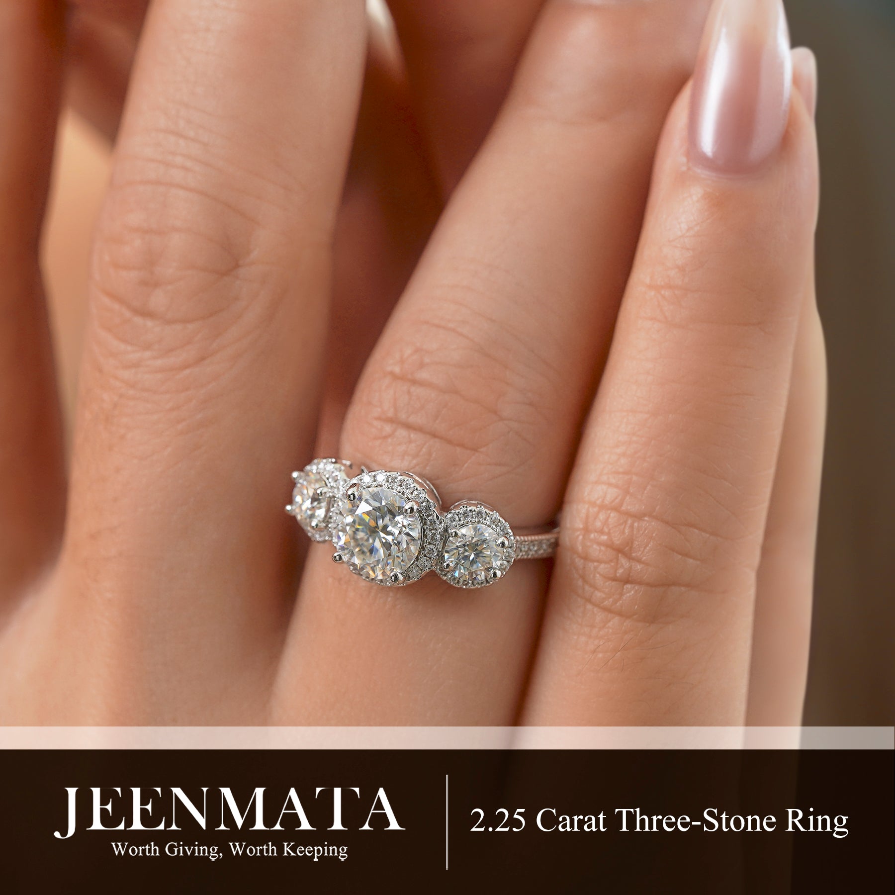 JeenMata 2.25 Carat Round Brilliant Cut Moissanite - Three Stone Engagement Rings in 18K White Gold Plating for Women