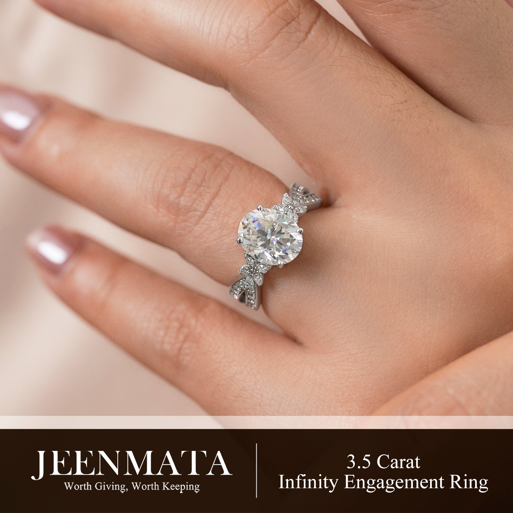 JeenMata 3.5 Carat Oval Cut Moissanite - Butterfly Infinity Engagement Ring in 18K White Gold Plating for Women