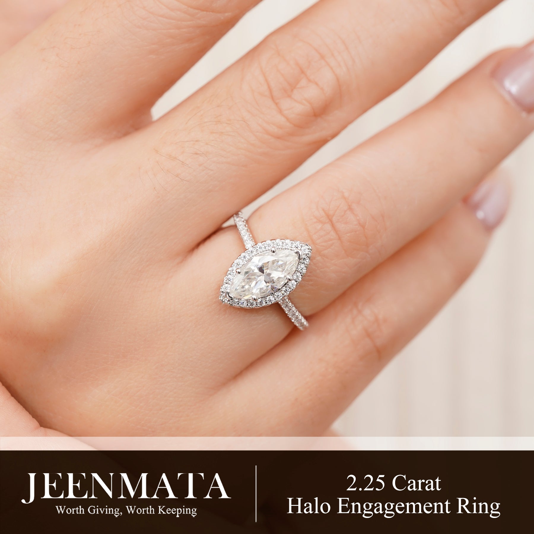JeenMata 2.25 Carat Marquise Cut Moissanite Halo Engagement Ring for Women, Marquise Solitaire with Round Halo Accents in 18K White Gold Plating For Women