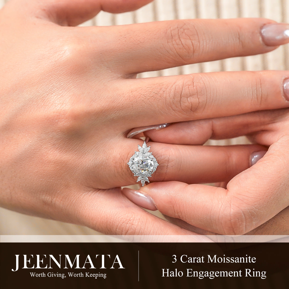 JeenMata 3 Carat Oval Cut Moissanite - Halo Engagement Ring in 18K White Gold Plating for Women