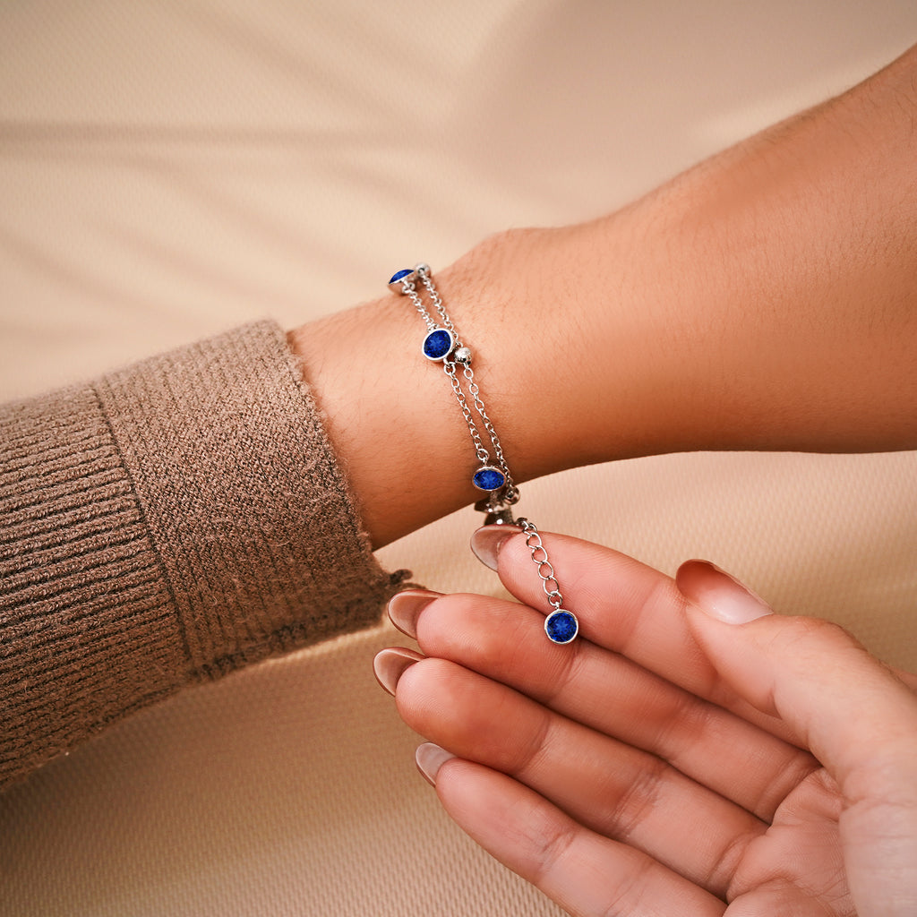 JeenMata 3.5 Carat September Royal Blue Sapphire Birthstone Double Layer Bracelet - in White Gold Plating for Women