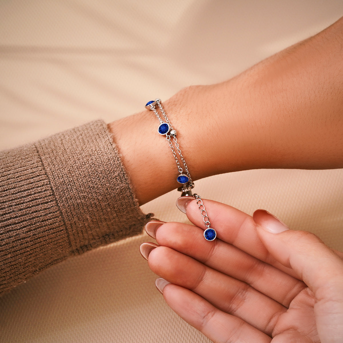 JeenMata 3.5 Carat September Royal Blue Sapphire Birthstone Double Layer Bracelet - in White Gold Plating for Women