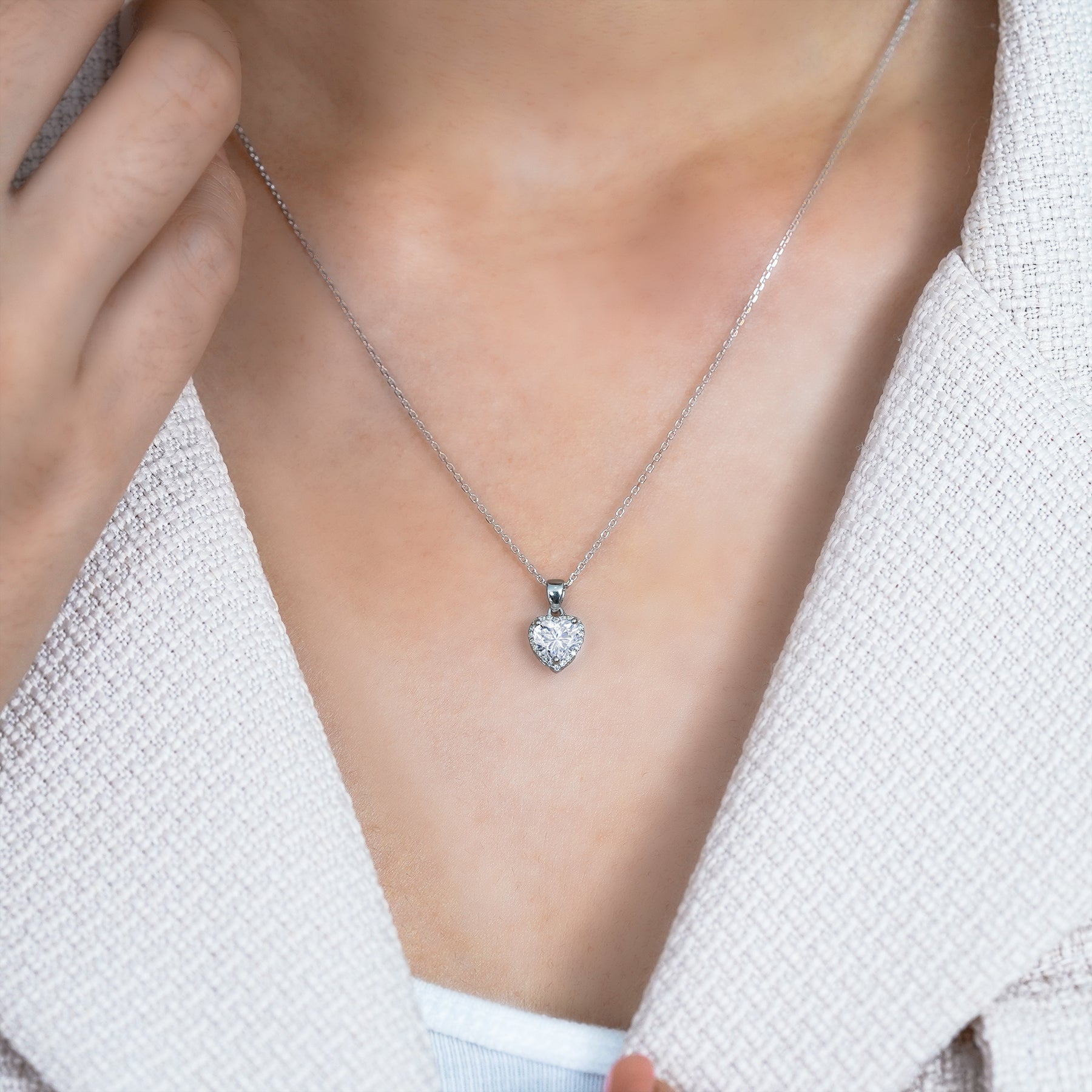 JeenMata Forever Heart 1 Carat - Moissanite - April Pendant Necklace in 18K White Gold Plating over Silver