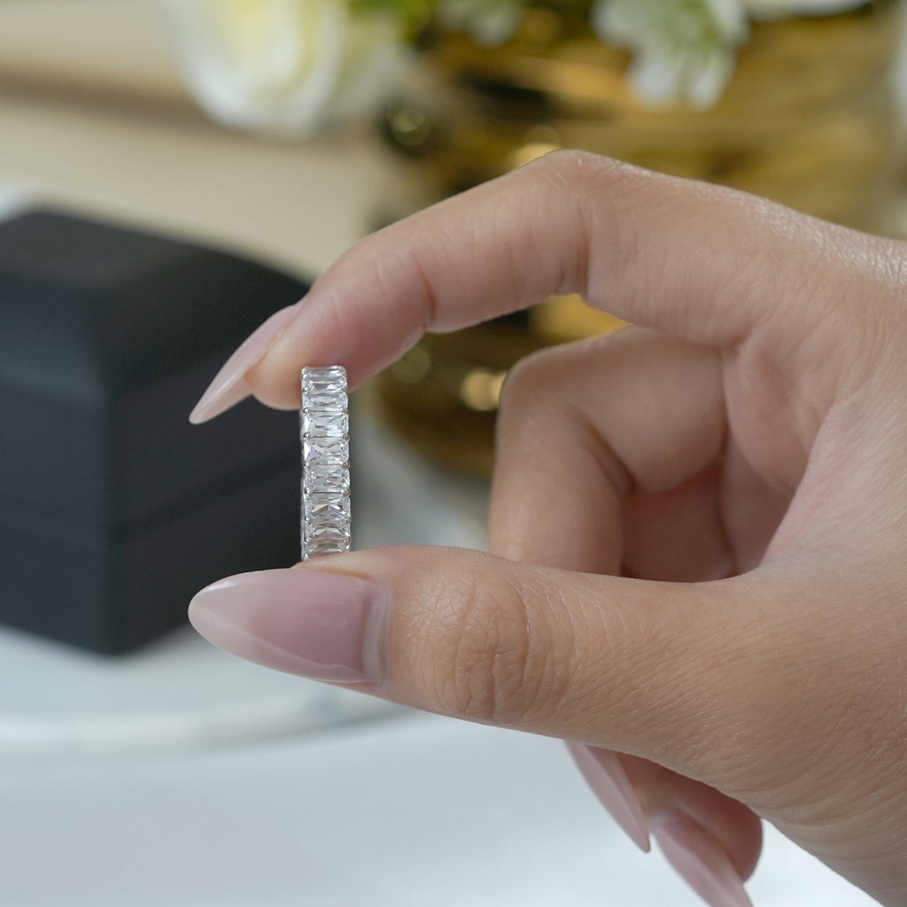 JeenMata 6.75 Carat Emerald Cut Moissanite Eternity Wedding Band - Classic Prong Style Wedding Ring in White Gold Plating for Women