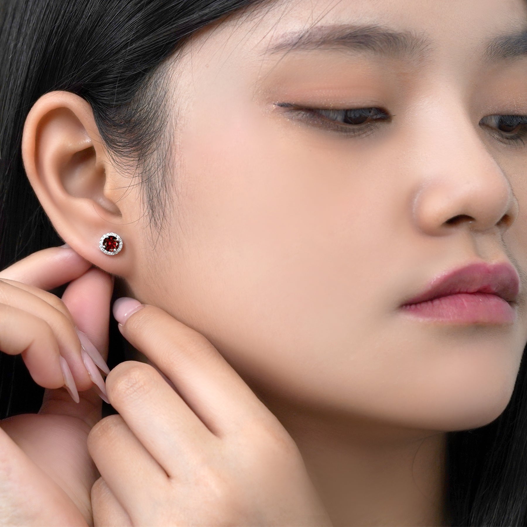 JeenMata 3 Carat - January Garnet Birthstone Halo Stud Earrings - Round Cut in 18K White Gold Plating for Women