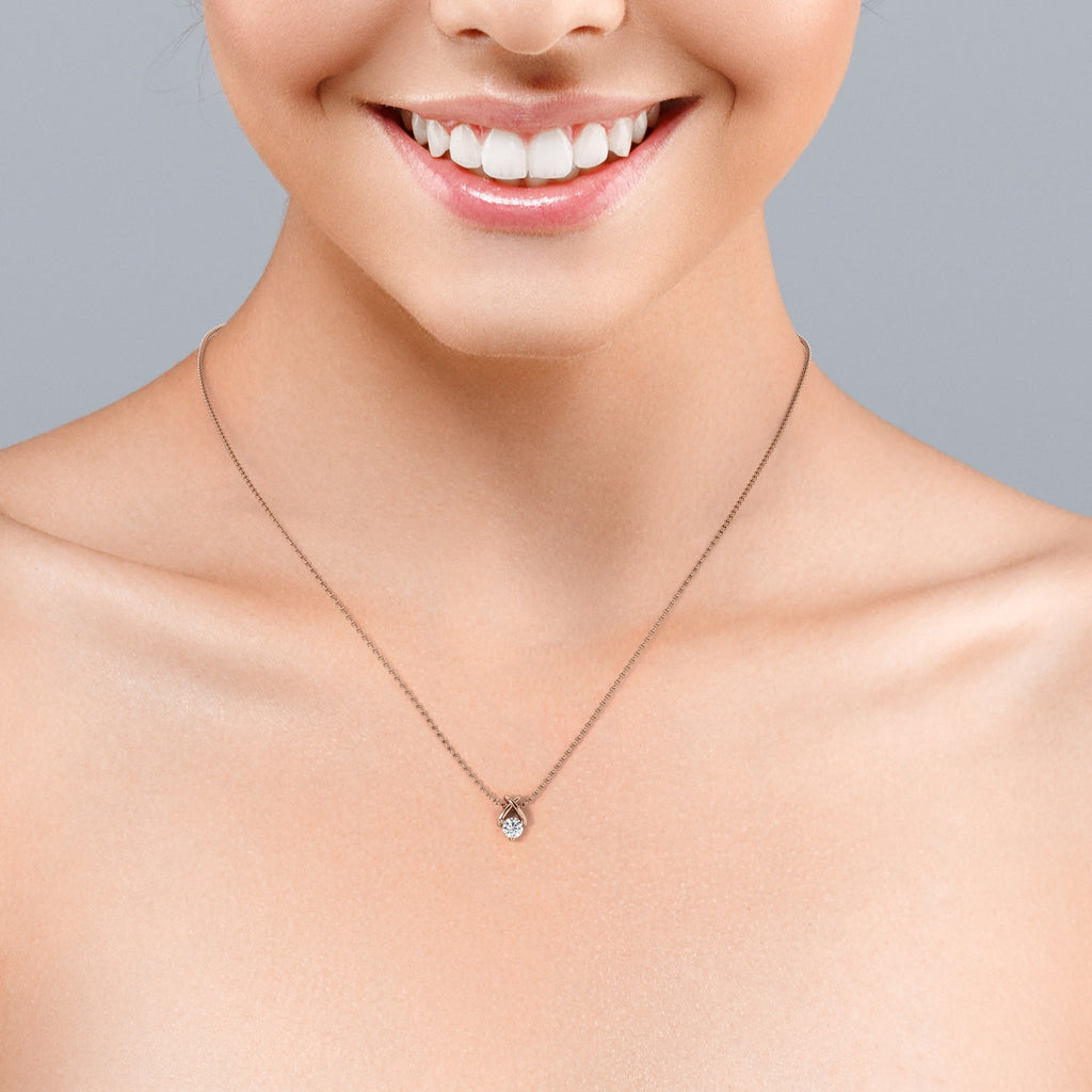 JeenMata X-Shaped Round Cut Certified Lab Diamond Pendant Necklace in 18K White Gold over Silver