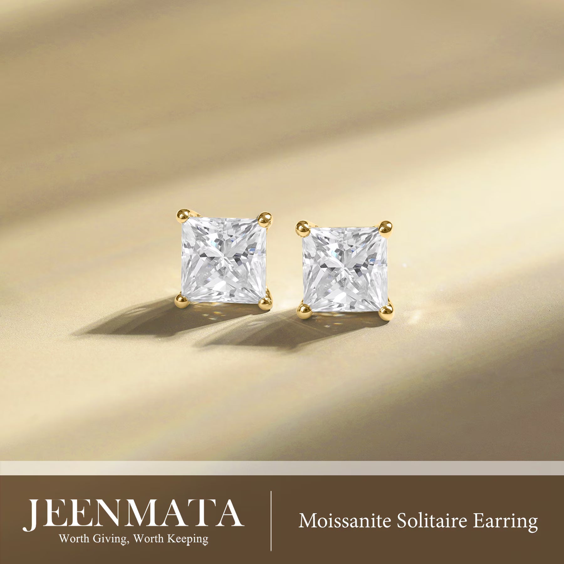 JeenMata 2 Carat Princess Cut Moissanite 4 Prong Solitaire Stud Earrings in 18k Yellow Gold Plating for Women