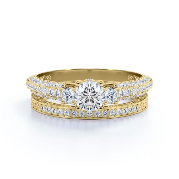 JeenMata 1.75 Carat Round Cut 3 Stone Lab Grown Diamond Bridal Ring Set for Women, Past Present Future Vintage Wedding Ring Set in 10K Yellow Gold