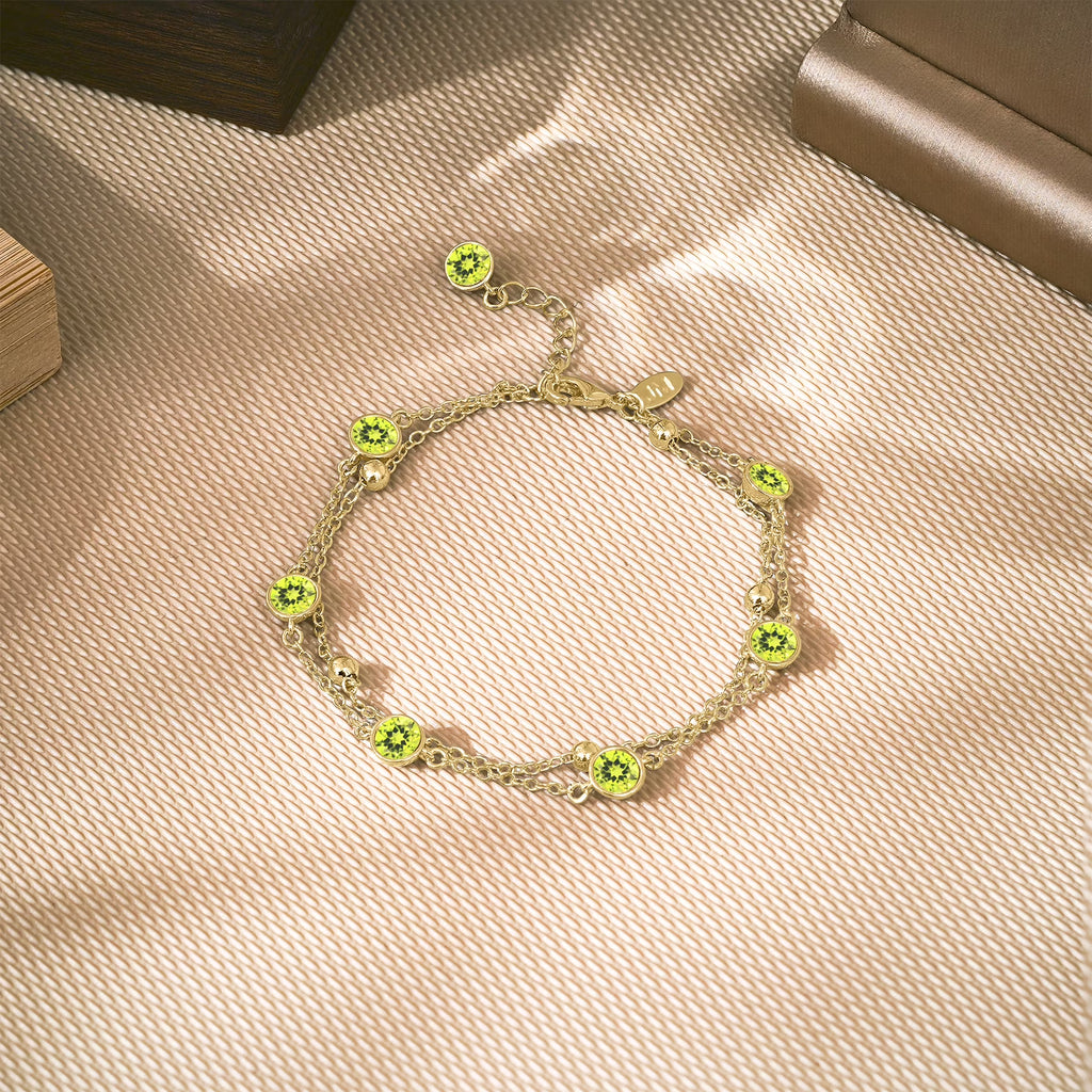 JeenMata 3.5 Carat August Peridot Birthstone Double Layer Bracelet - in Yellow Gold Plating for Women
