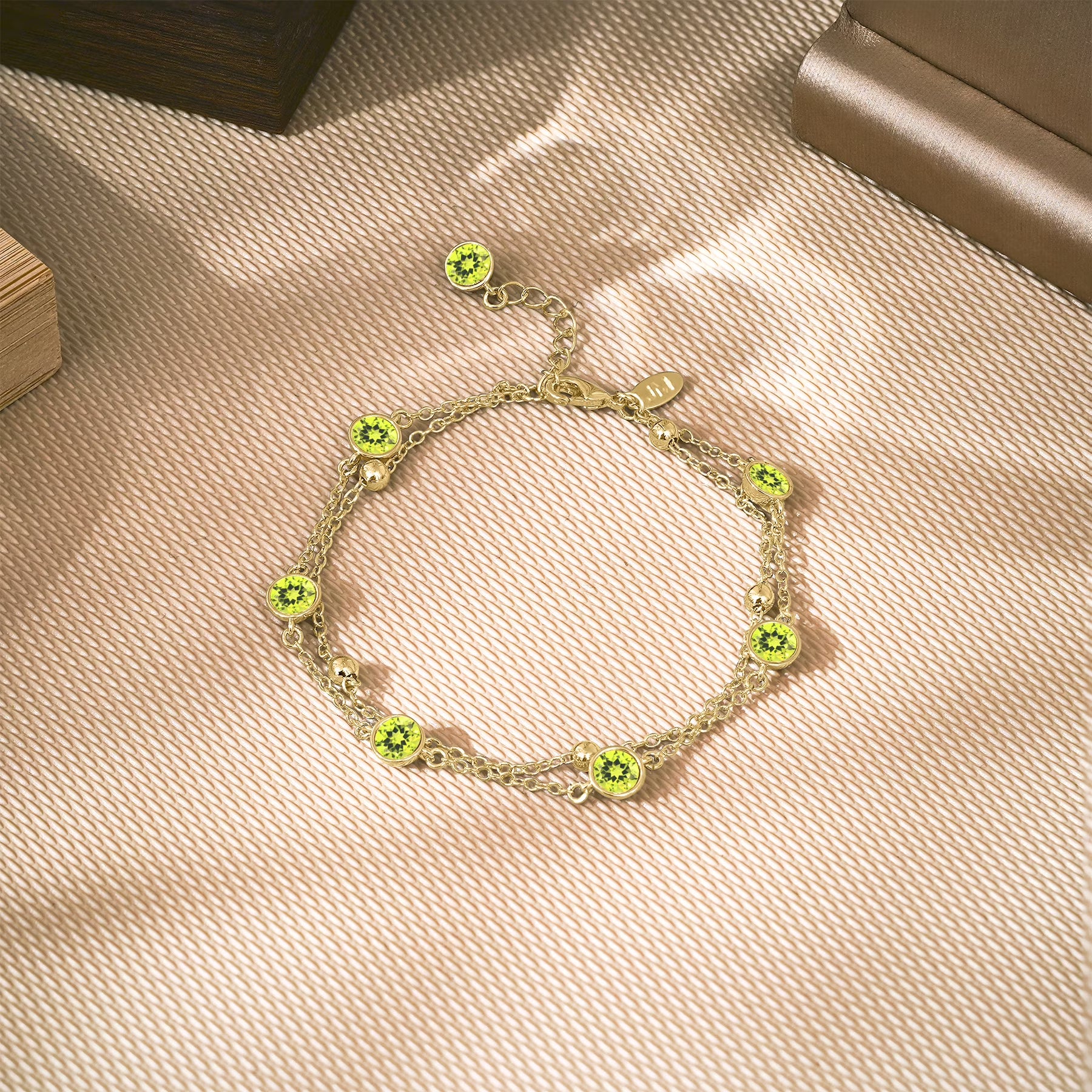 JeenMata 3.5 Carat August Peridot Birthstone Double Layer Bracelet - in Yellow Gold Plating for Women