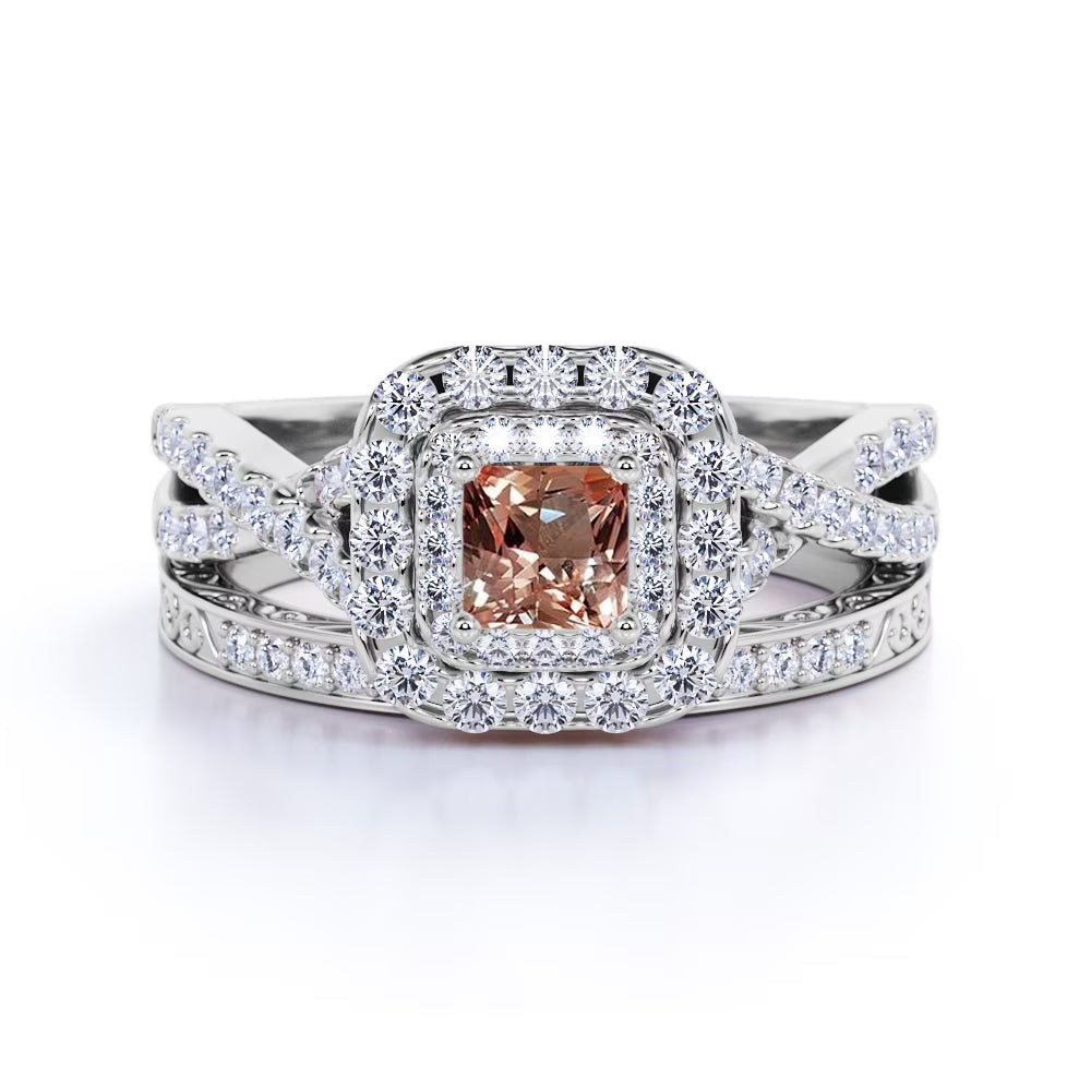 JeenMata 1.25 CT - Princess Cut - Champagne created morganite - Double Halo - Twisted Band - Vintage Inspired - Wedding Ring Set in 18K White Gold Plating for Women