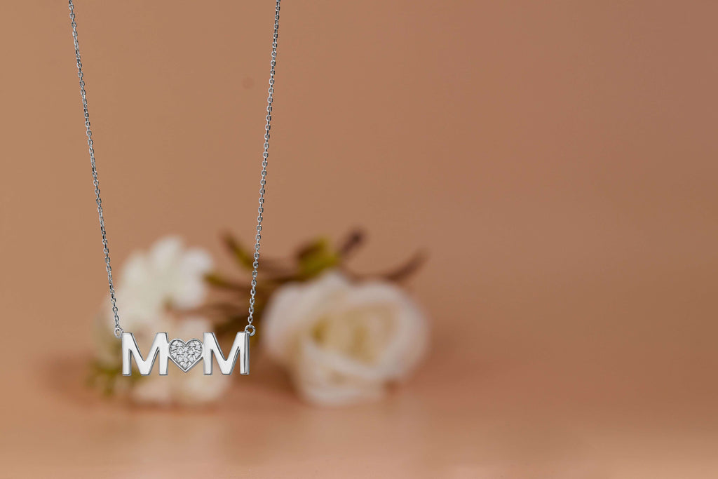 JeenMata MOM Pendant Necklace - Moissanite - April Birthstone in 18K White Gold over Silver
