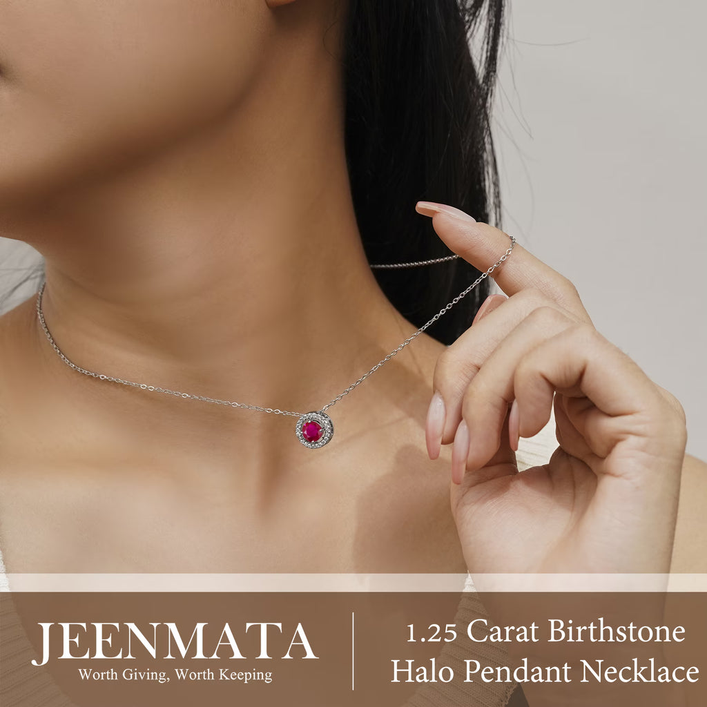JeenMata Solitaire 1.25 Carat Round Cut - Ruby - July Birthstone Halo Pendant Necklace in White Gold Plating, Adult, Female