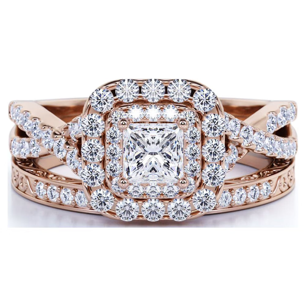 JeenMata 1.75 Carat Princess Cut Moissanite Engagement Ring - Bridal Ring - Double Halo Ring - Cluster Ring - 18k Rose Gold Over Silver