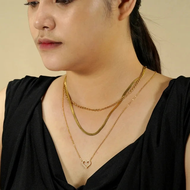 JEENMATA Multipack 3 pc Women Layered Necklace Pendant, Yellow Gold Plating, Gold Chain, Choker Necklace, Herringbone Layered Necklace Jewelry Gift