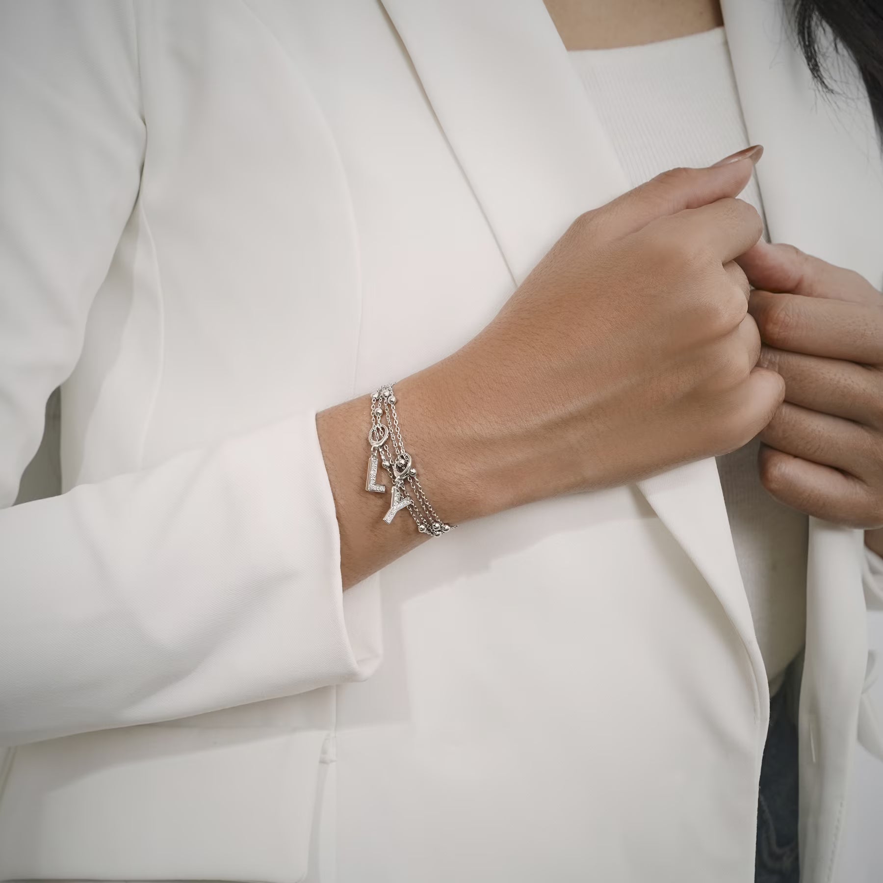 JeenMata Lab Grown Diamond Initial "A" Letter Bracelets - Double Layer Alphabet Jewelry Bracelet - 18K White Gold Plating for Women Jewelry
