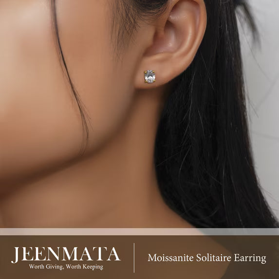 JeenMata 4 Prong 2 Carat Oval Cut Moissanite Solitaire Stud Earrings in 18k Yellow Gold Plating for Women