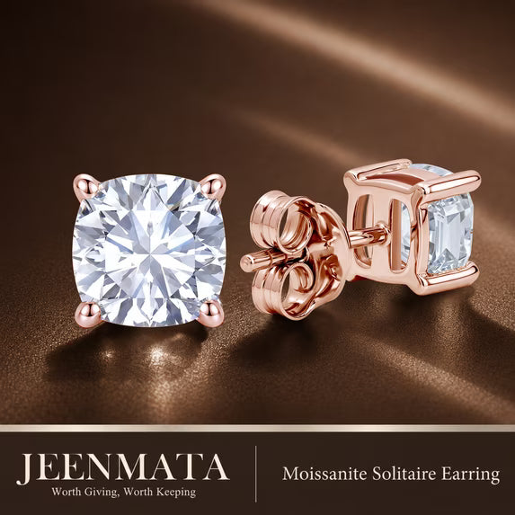 JeenMata 1 Carat Cushion Solitaire Moissanite Stud Earrings for Women, Earrings for Men, 18K Rose Gold Plated, Hypoallergenic Earrings, D VS1, Stud Earring for Woman, Jewelry, Gift, Earrings