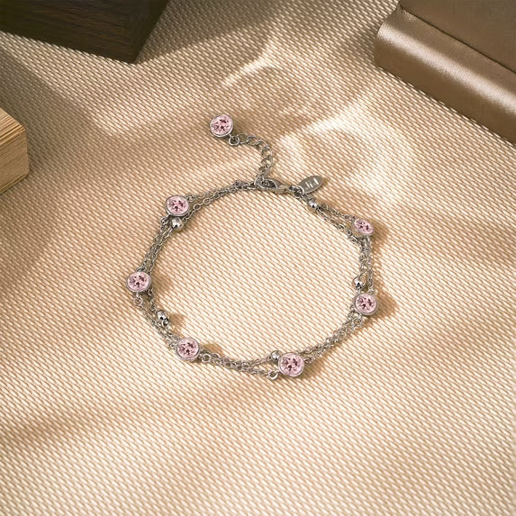 JeenMata 3.5 Carat October Pink Tourmaline Birthstone Double Layer Bracelet - in White Gold Plating for Women